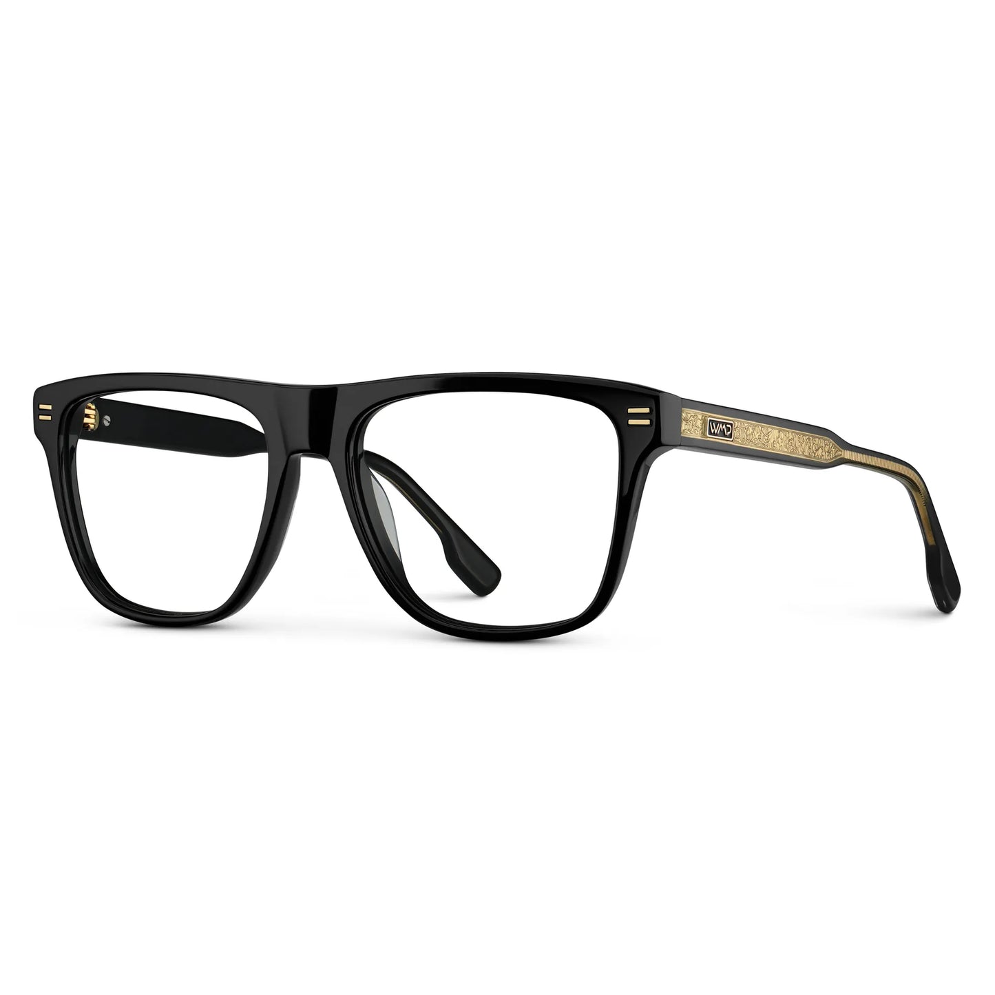Black || Side view of Men's Rectangular Prescription Eyeglasses with Black Frame and Clear Lens on a white background