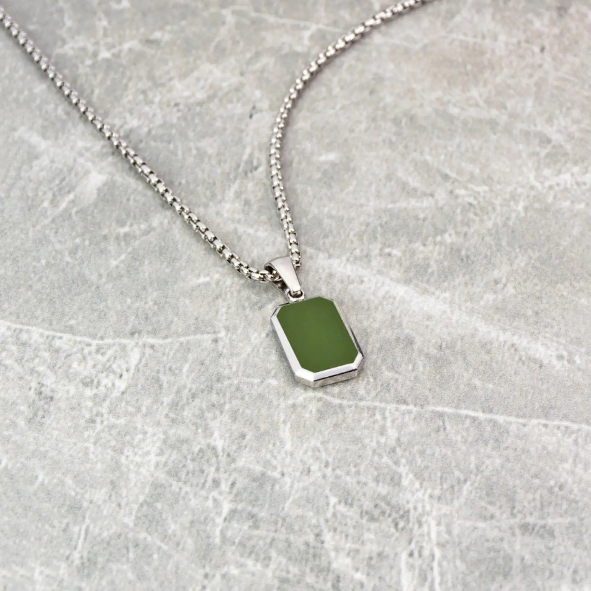 Silver / Pine Green Pendant || Handmade Staple Necklace with Silver Stainless Steel Chain and Green Porcelain Pendant
