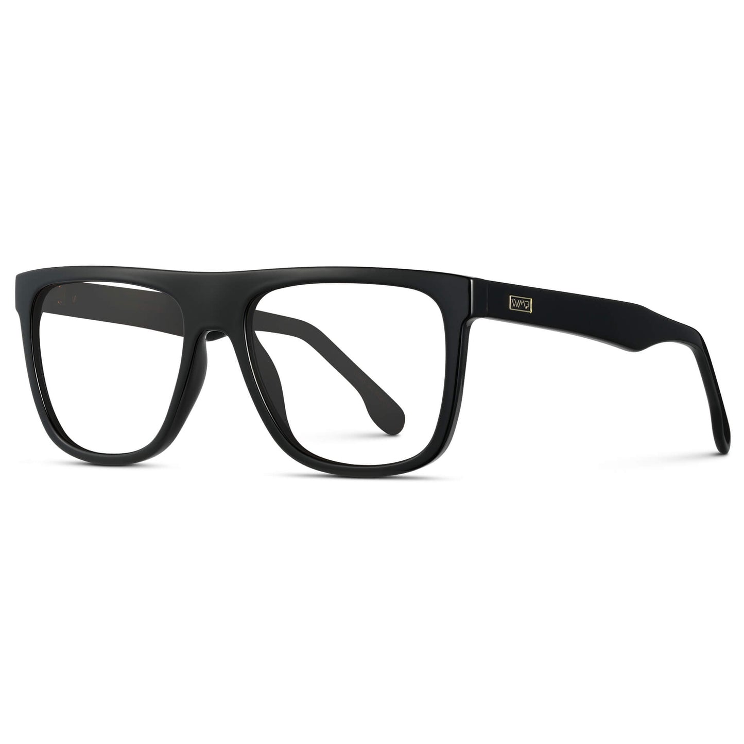 Black || Square Frame Glasses with Clear Prescription Lenses side view.
