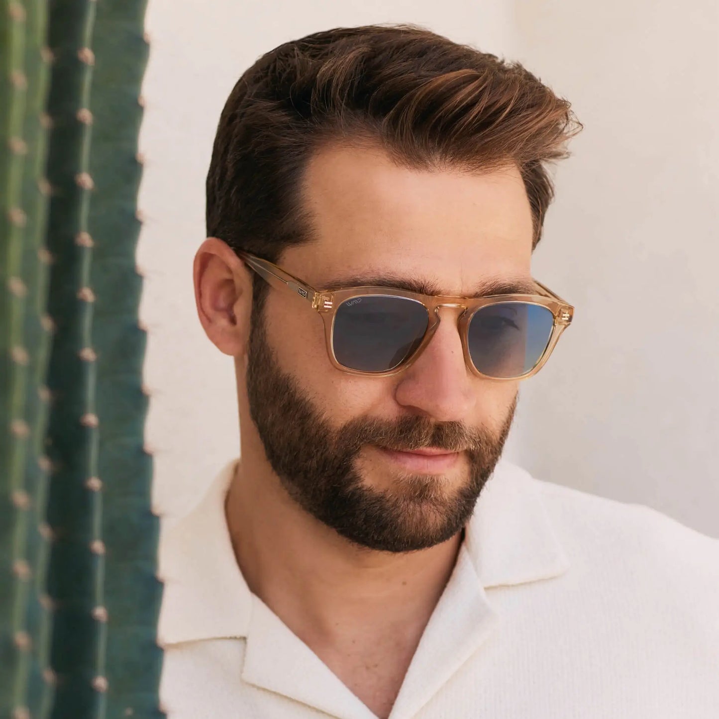 Champagne Crystal / Blue Gradient Lens || Acetate Square Sunglasses in Champagne Crystal with Blue Gradient Polarized Lenses