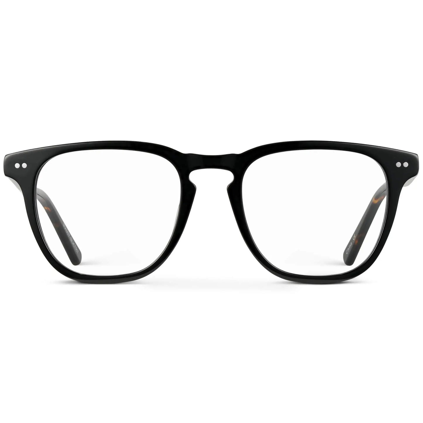Black Tortoise || Men's square black acetate frame with clear blue light blocking lens on a white background