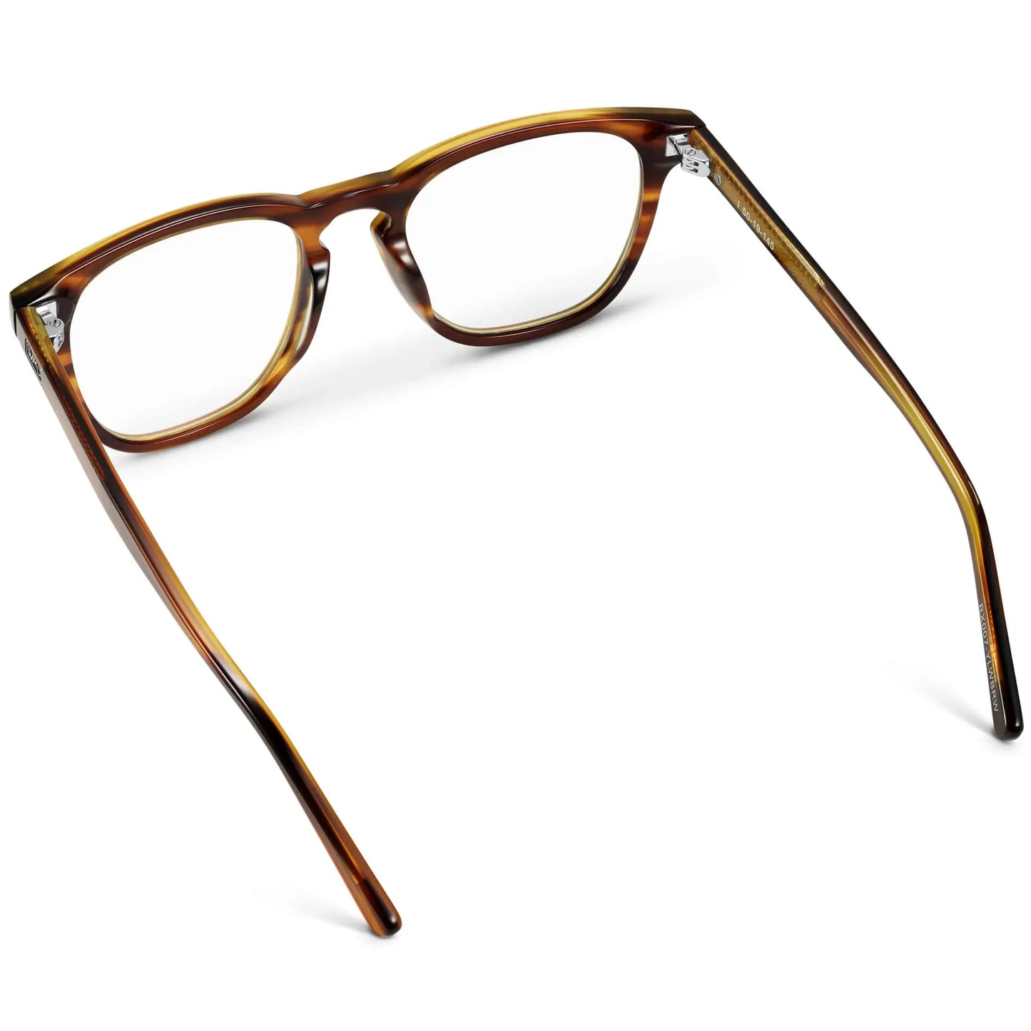 Golden Brown Grain || Back view of Men's square golden brown grain acetate frame with clear blue light blocking lens on a white background
