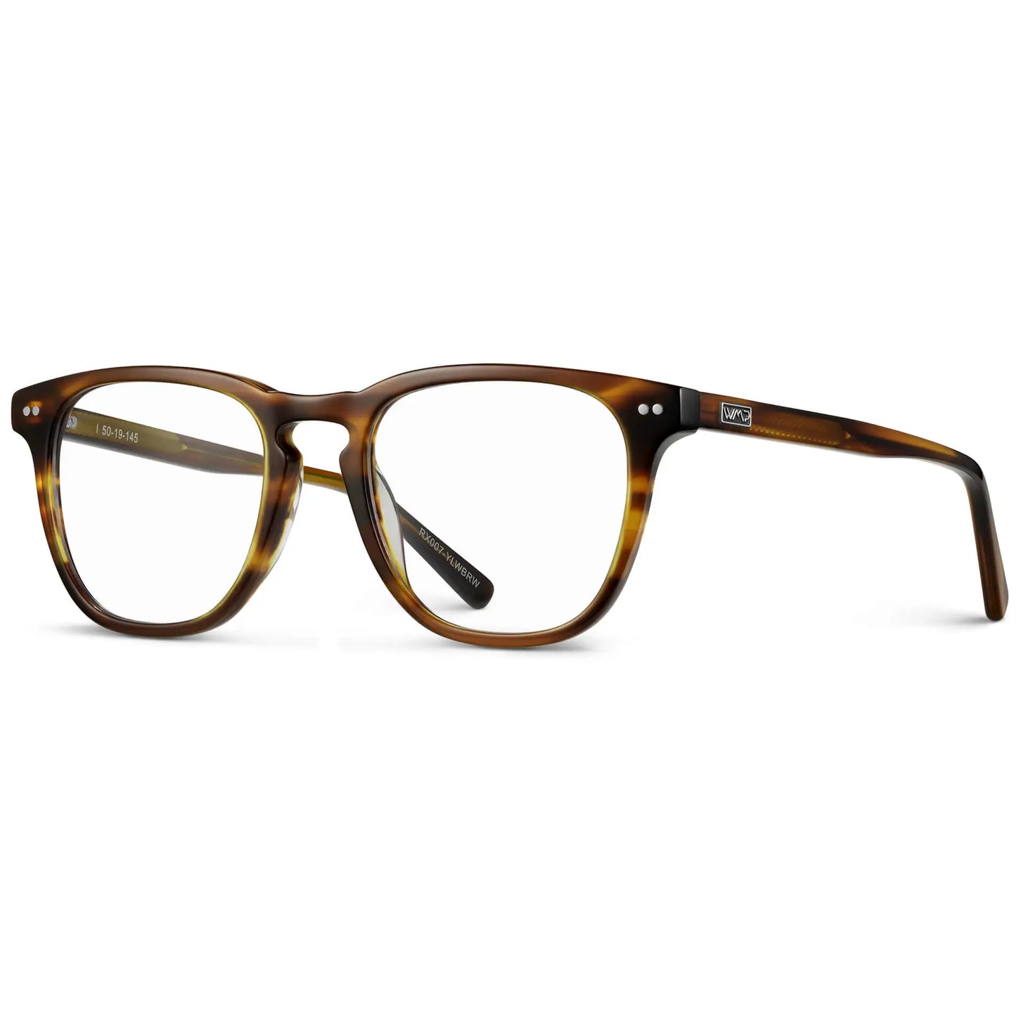 Golden Brown Grain || Side view of Men's square golden brown grain acetate frame with clear blue light blocking lens on a white background