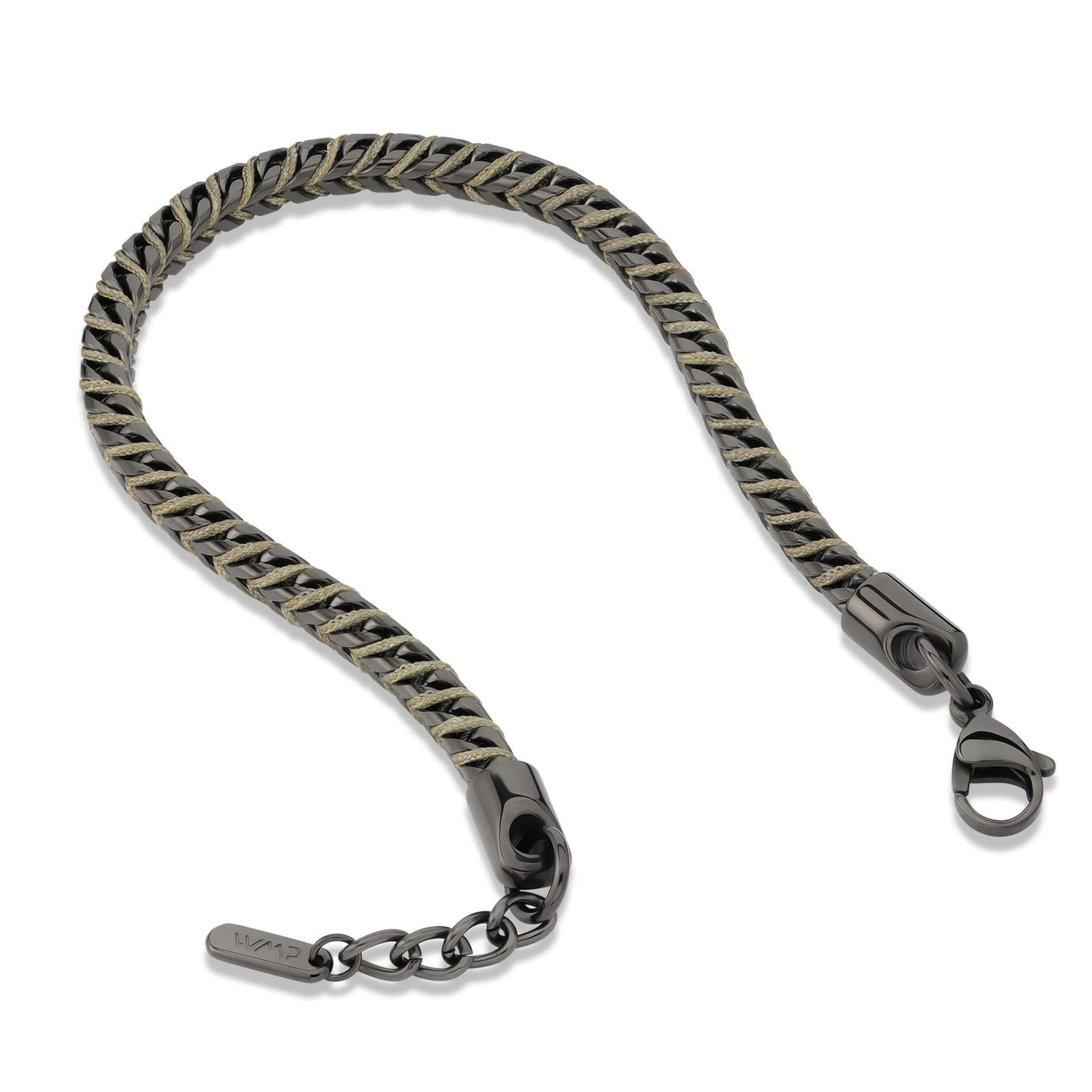 Gunmetal / Olive Green || Men's 4mm Thick V-Braid Bracelet with Gunmetal Stainless Steel and Olive Green Polyester Rope and Lobster Claw Clasp