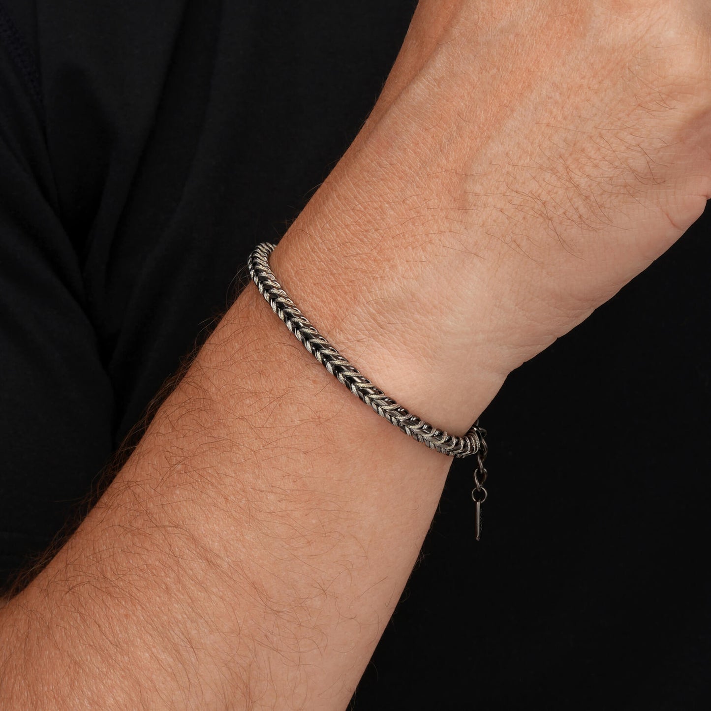 Gunmetal / Olive Green || Men's 4mm Thick V-Braid Bracelet with Gunmetal Stainless Steel and Olive Green Polyester Rope and Lobster Claw Clasp