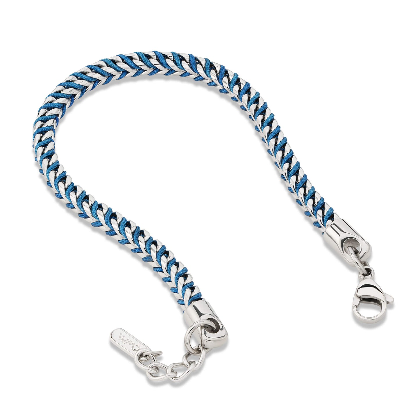 Silver / Denim Blue || Men's 4mm Thick V-Braid Bracelet with Silver Stainless Steel and Stone Blue Polyester Rope and Lobster Claw Clasp