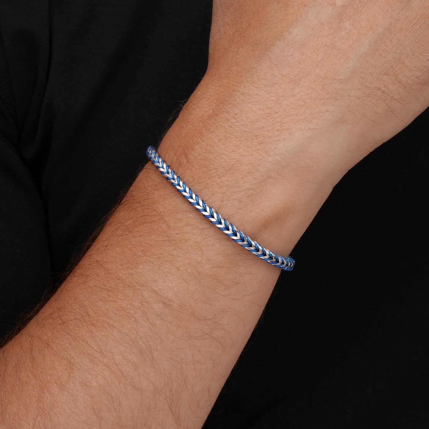 Silver / Denim Blue || Men's 4mm Thick V-Braid Bracelet with Silver Stainless Steel and Stone Blue Polyester Rope and Lobster Claw Clasp