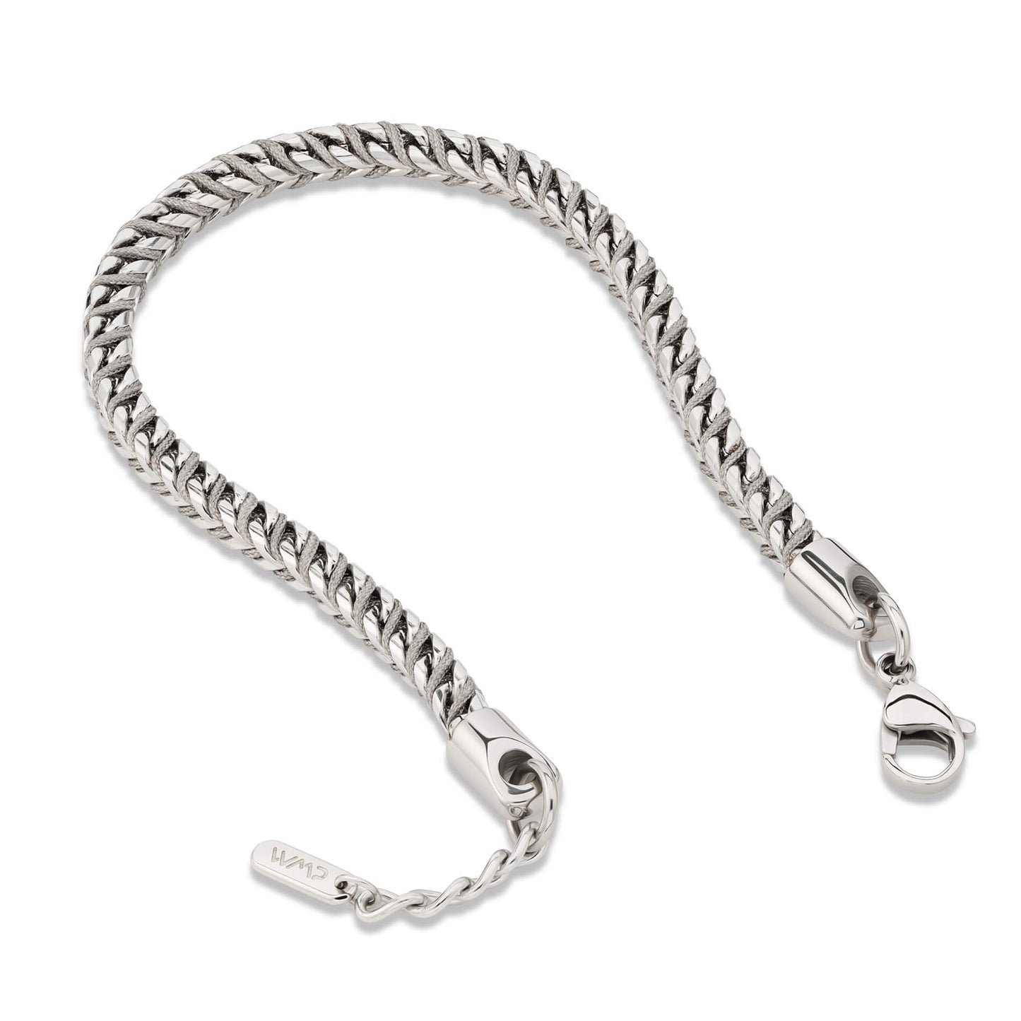 Silver / Stone Grey || Men's 4mm Thick V-Braid Bracelet with Silver Stainless Steel and Stone Grey Polyester Rope and Lobster Claw Clasp