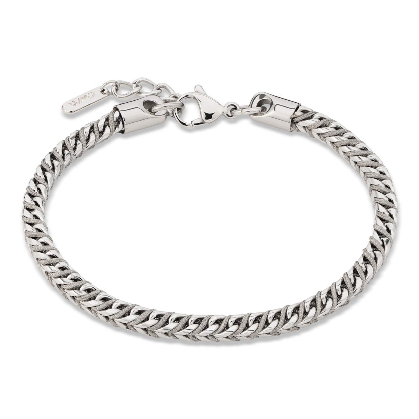Silver / Stone Grey || Men's 4mm Thick V-Braid Bracelet with Silver Stainless Steel and Stone Grey Polyester Rope and Lobster Claw Clasp