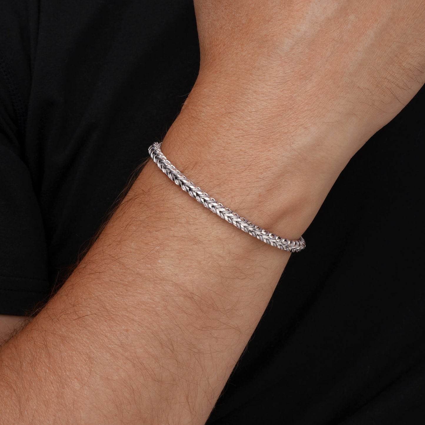 Silver / Stone Grey || Men's 4mm Thick V-Braid Bracelet with Silver Stainless Steel and Stone Grey Polyester Rope and Lobster Claw Clasp