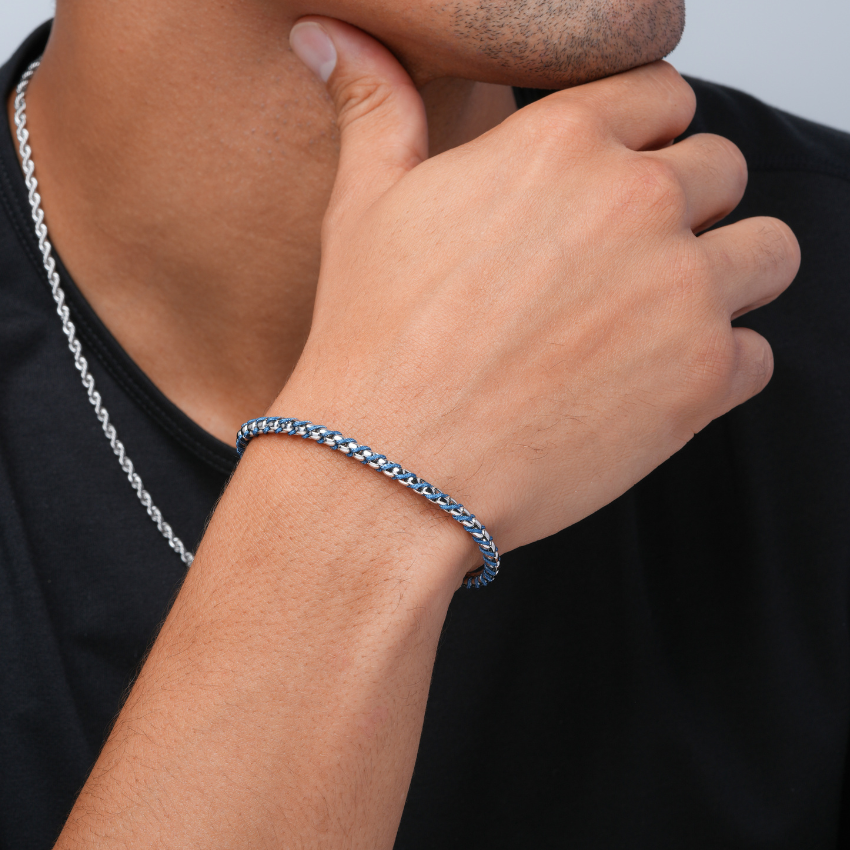 Silver / Navy Rope || Minimal Silver Chain Bracelet with Blue Woven Rope.
