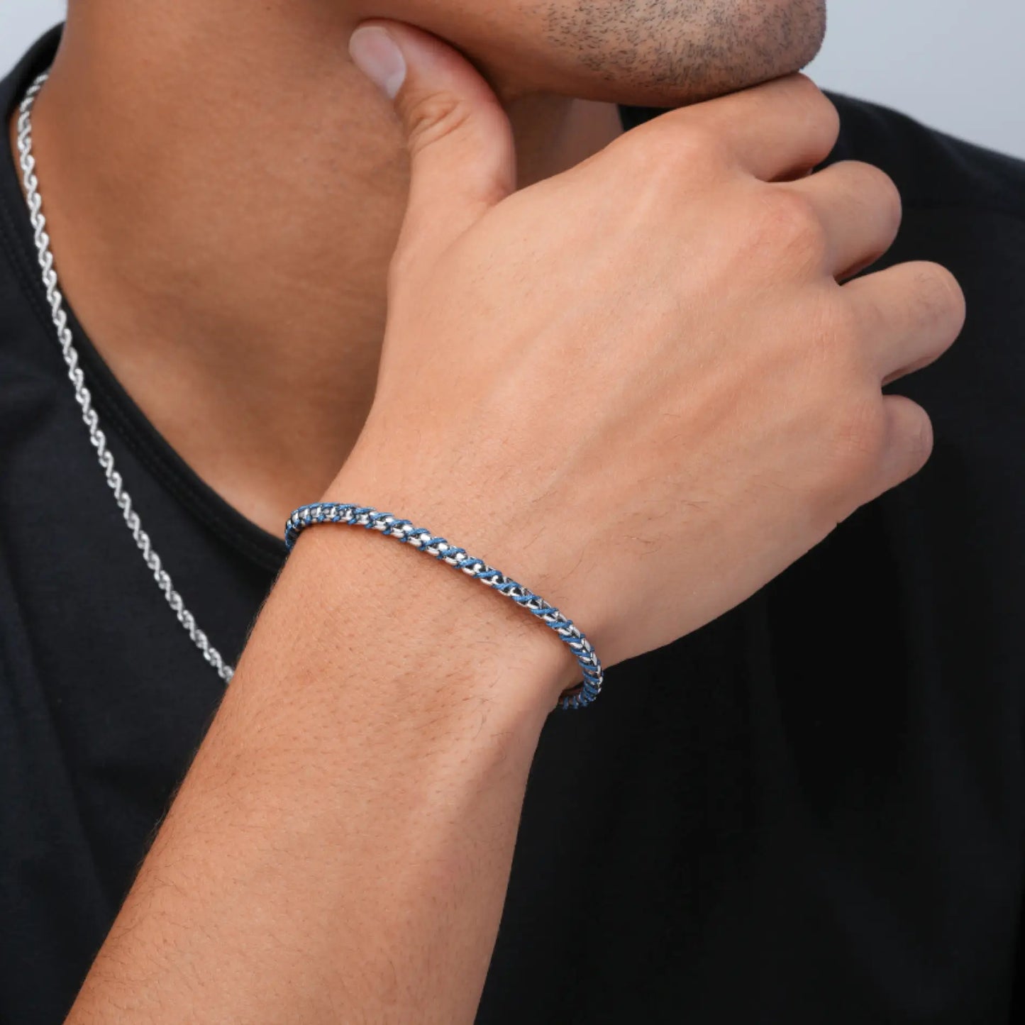 Silver / Navy Rope || Minimal Silver Chain Bracelet with Blue Woven Rope.