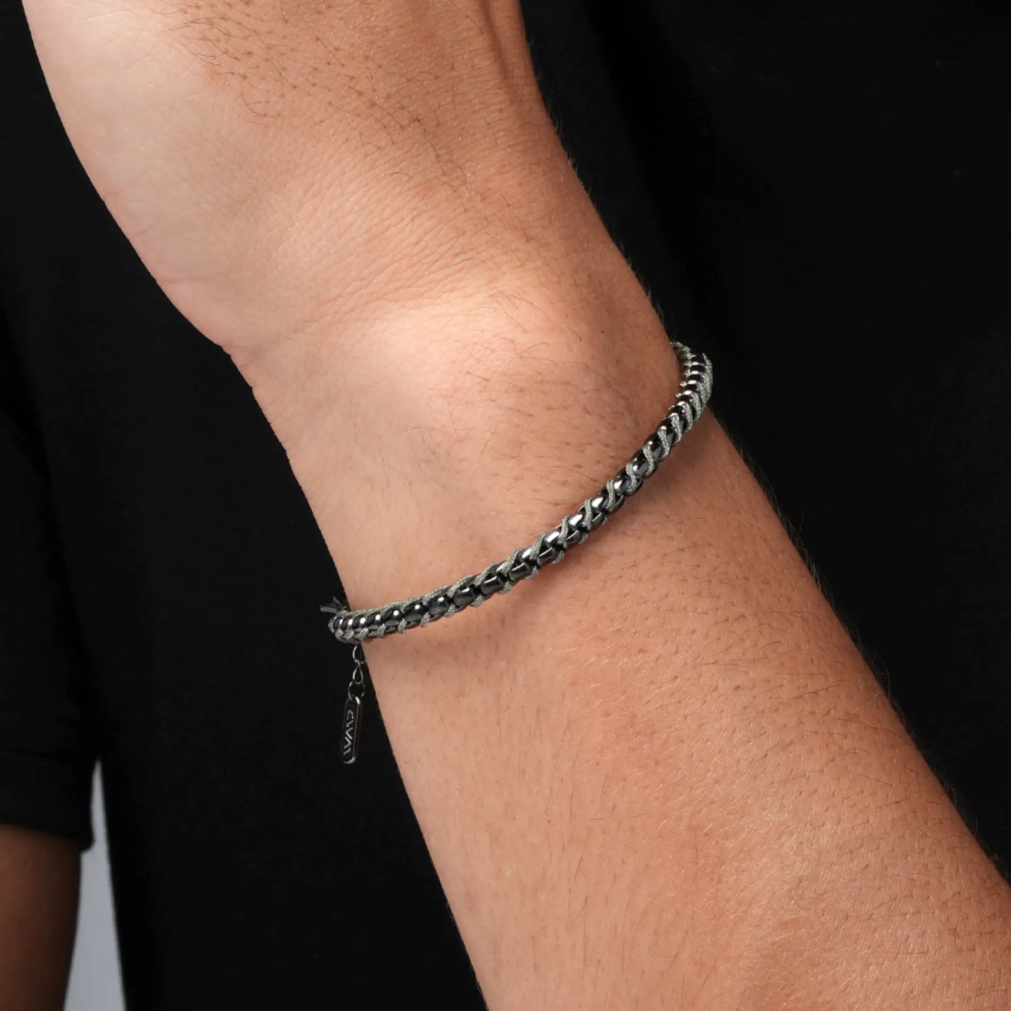 Gun Metal / Olive Green Rope || Minimal Gunmetal Chain Bracelet with Green Woven Rope.