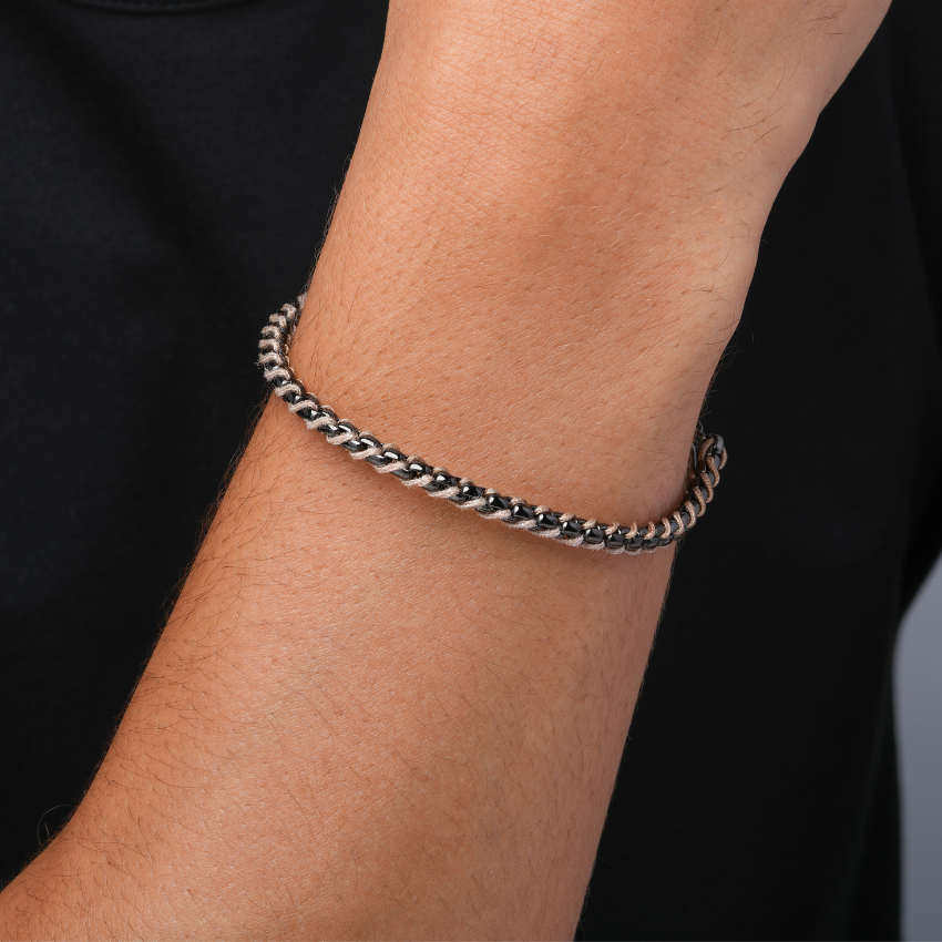 Gun Metal / Sand Rope || Minimal Gunmetal Chain Bracelet with Brown Woven Rope.
