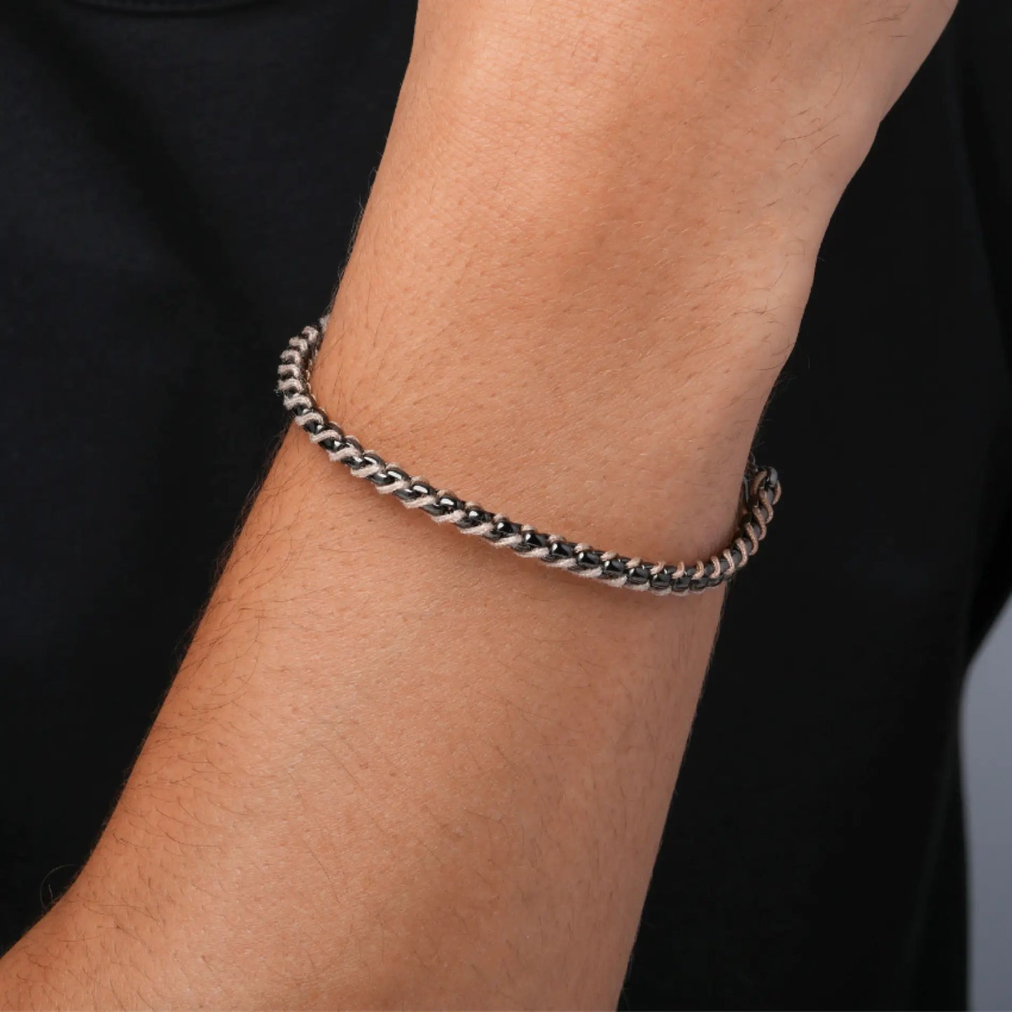 Gun Metal / Sand Rope || Minimal Gunmetal Chain Bracelet with Brown Woven Rope.