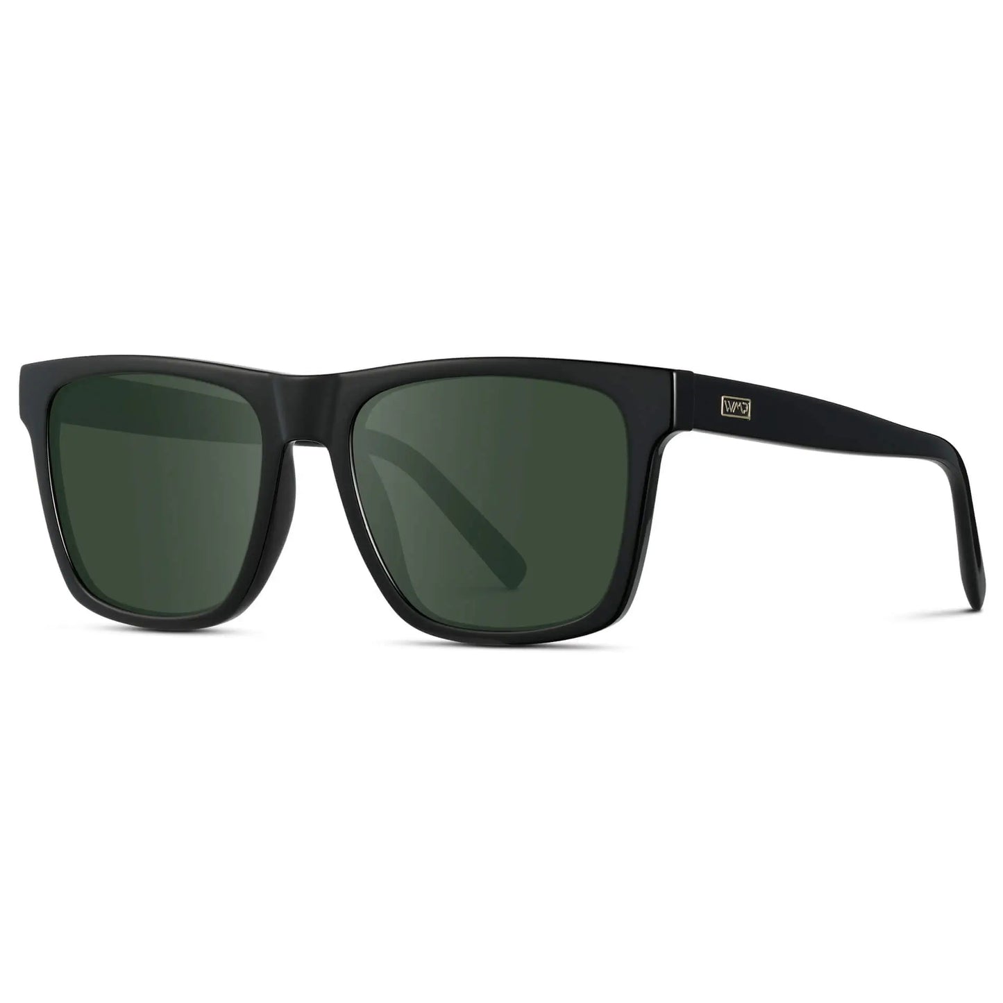 Black / G15 || Side view of Men's Modern Square Prescription Sunglasses with Black and Green Lenses on a white background