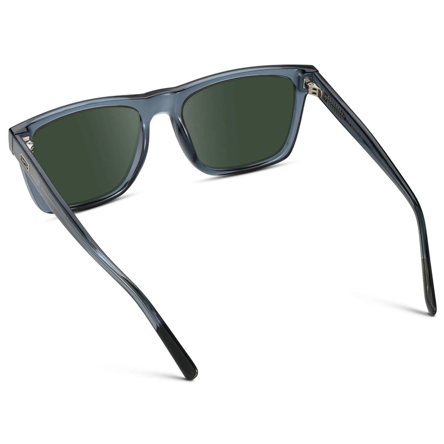 Crystal Indigo Blue / G15 || Back view of Men's Modern Square Prescription Sunglasses with Crystal Indigo Blue and Green Lenses on a white background