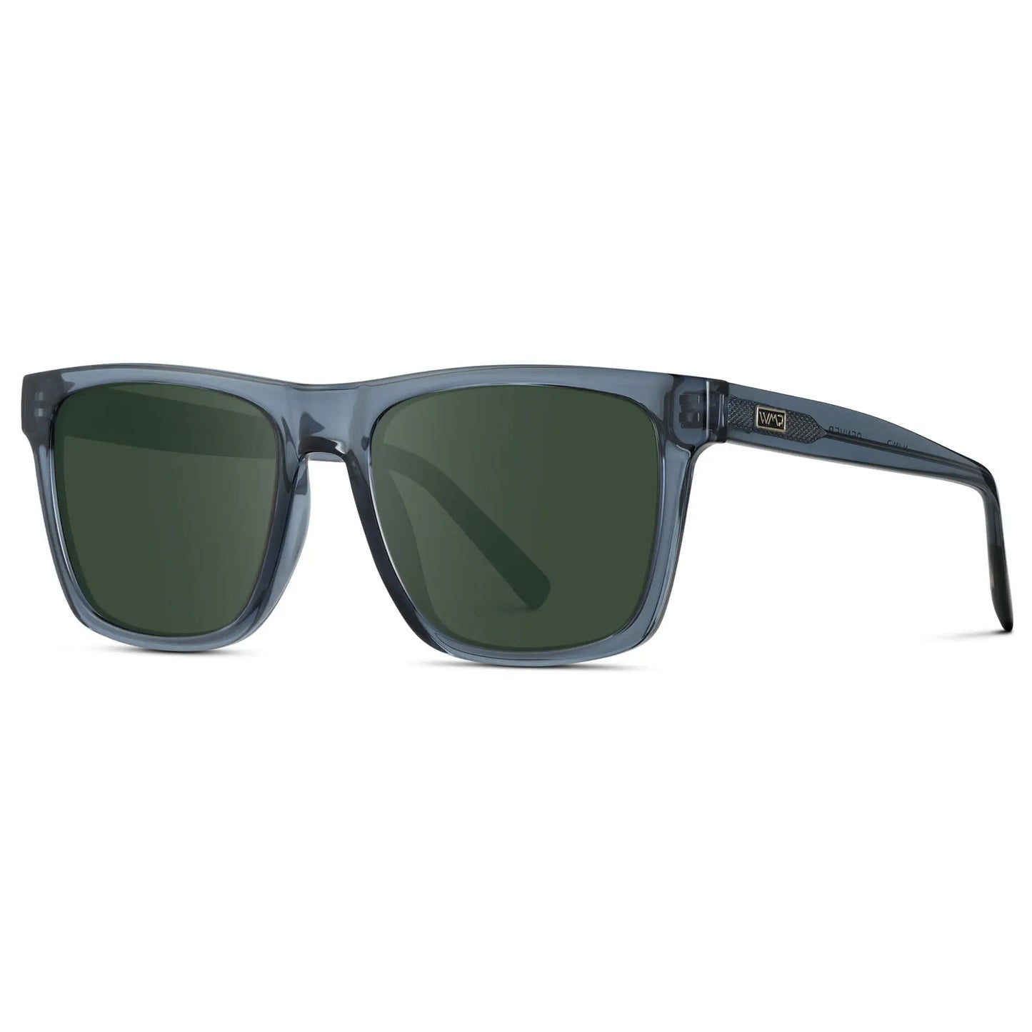 Crystal Indigo Blue / G15 || Side view of Men's Modern Square Prescription Sunglasses with Crystal Indigo Blue and Green Lenses on a white background
