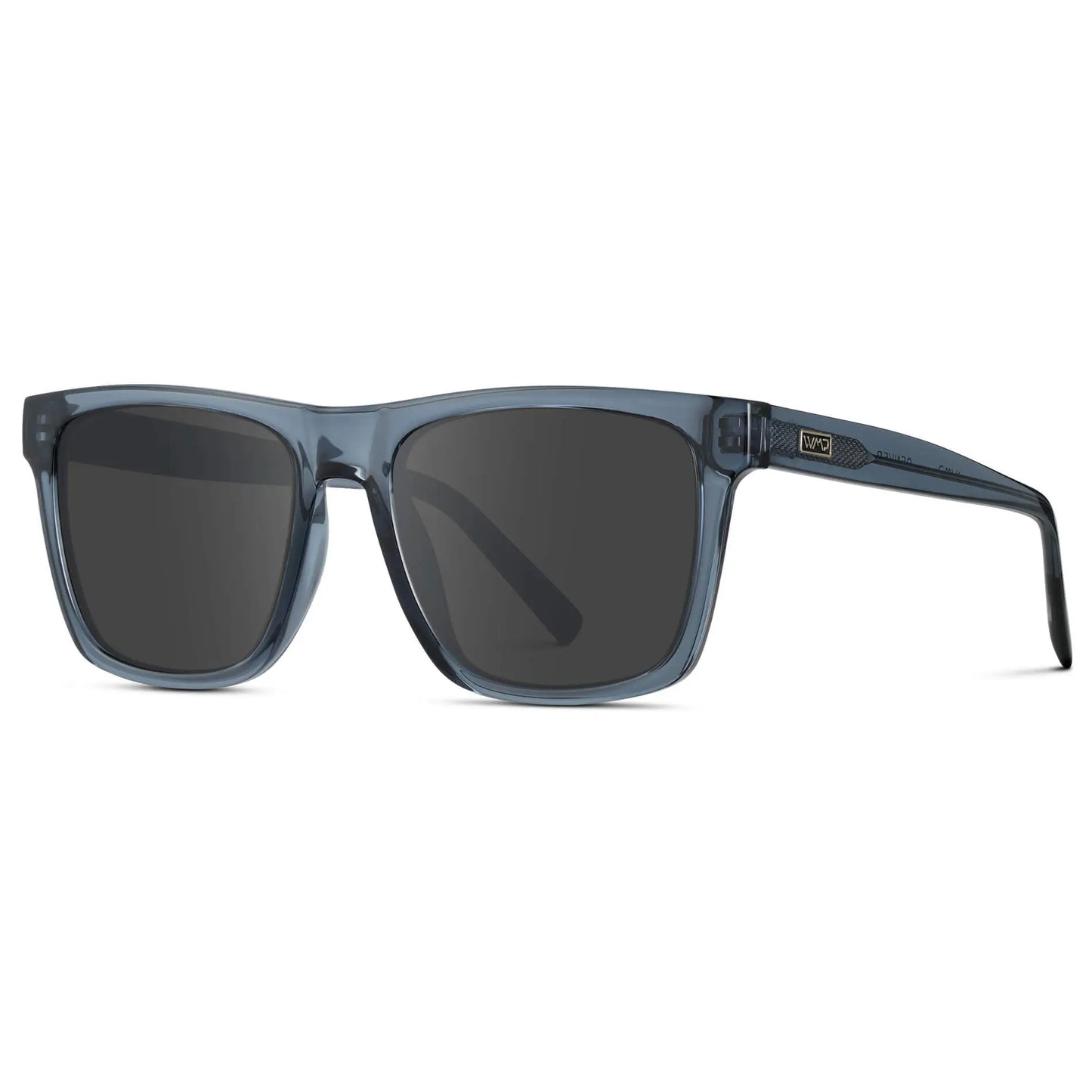 Crystal Indigo Blue / Grey || Side view of Men's Modern Square Prescription Sunglasses with Crystal Indigo Blue and Grey Lenses on a white background