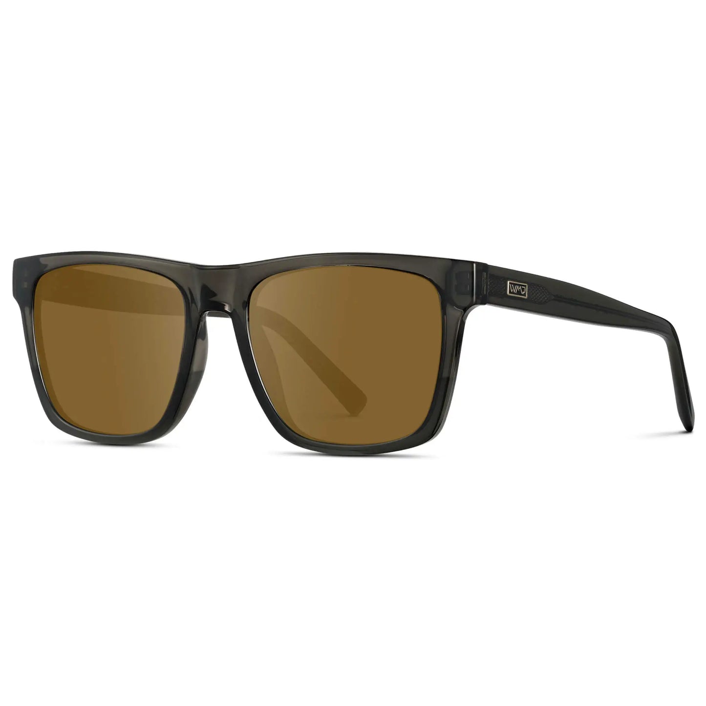 Crystal Carbon Grey / Amber || Side view of Men's Modern Square Prescription Sunglasses with Crystal Carbon Grey and Amber Lenses on a white background