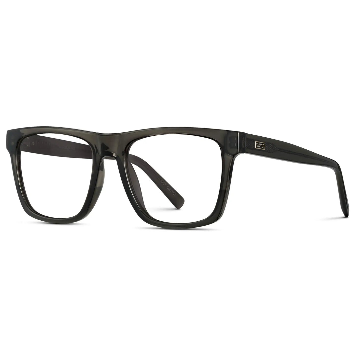 Crystal Carbon Grey || Side view of Men's Square Eyeglasses with Grey Frame and Clear Prescription Lenses on a white background