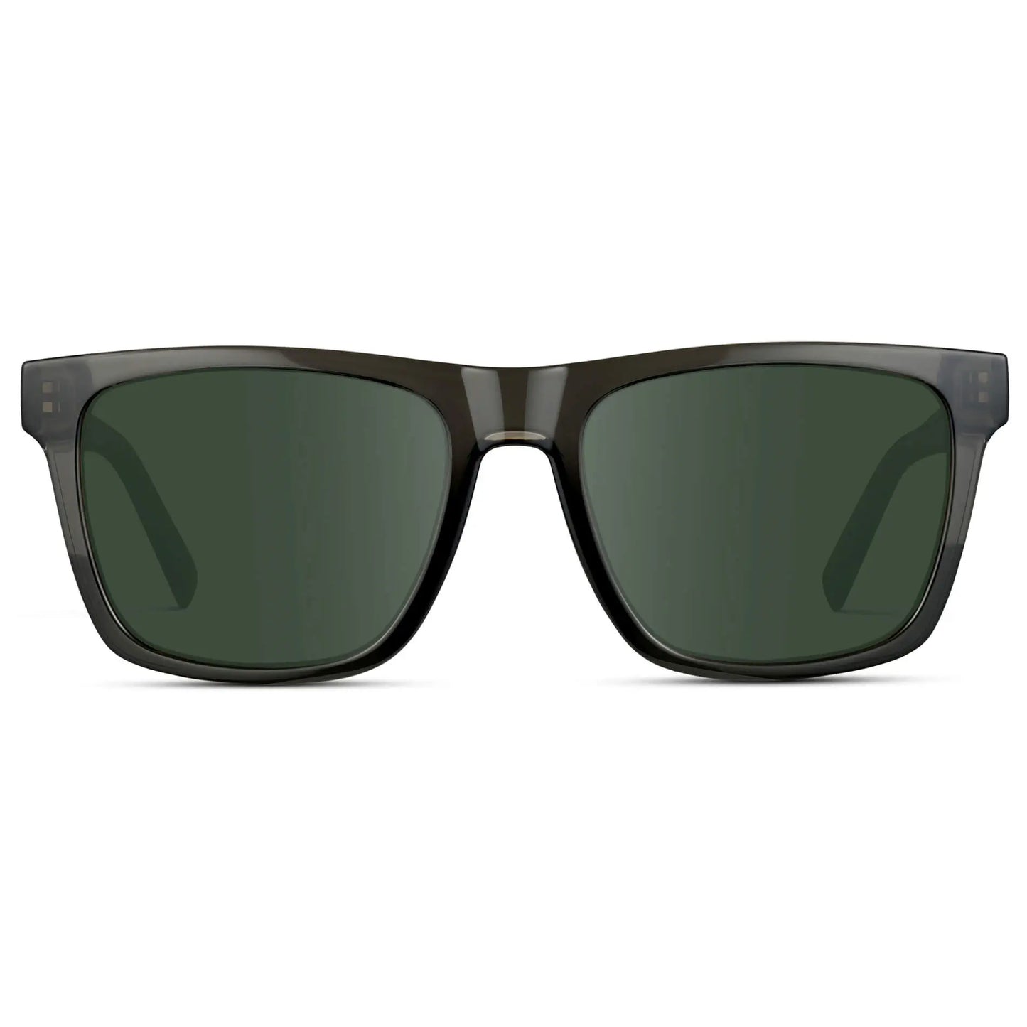 Crystal Carbon Grey / G15 || Men's Modern Square Prescription Sunglasses with Crystal Carbon Grey and Green Lenses on a white background