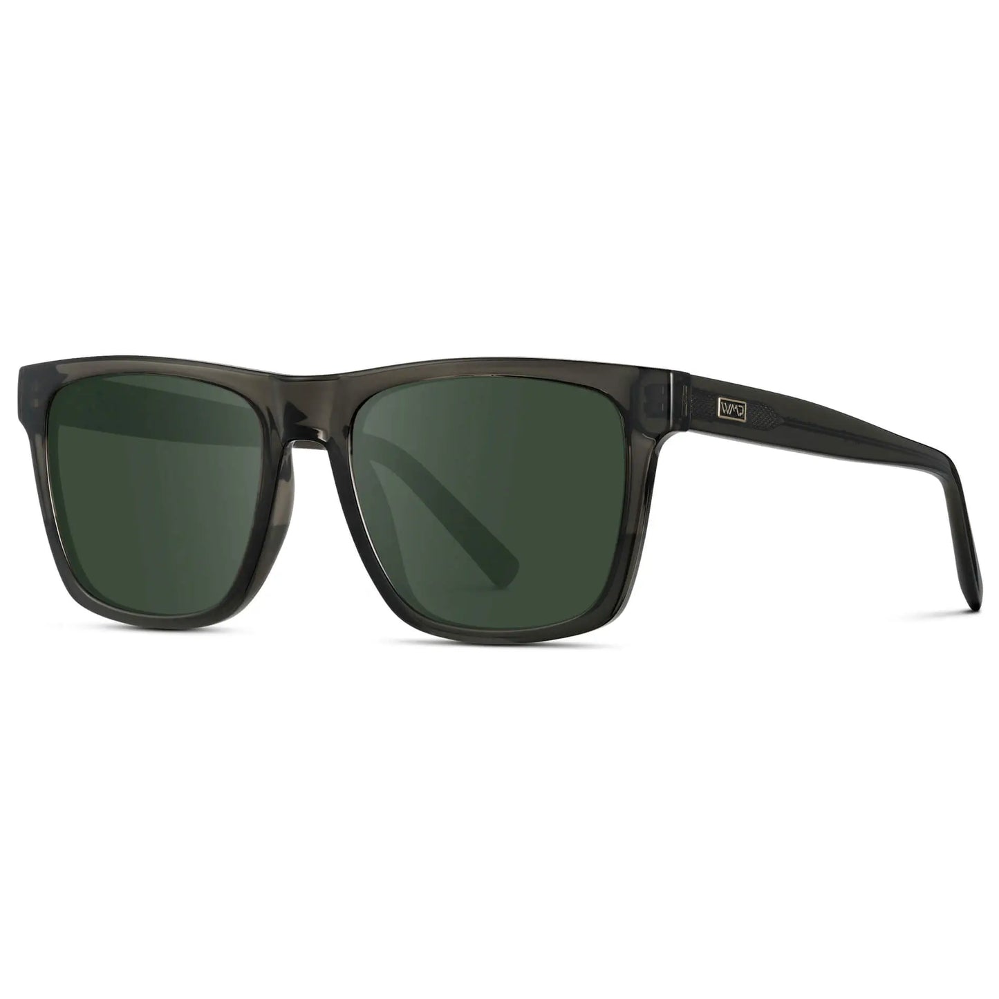 Crystal Carbon Grey / G15 || Side view of Men's Modern Square Prescription Sunglasses with Crystal Carbon Grey and Green Lenses on a white background