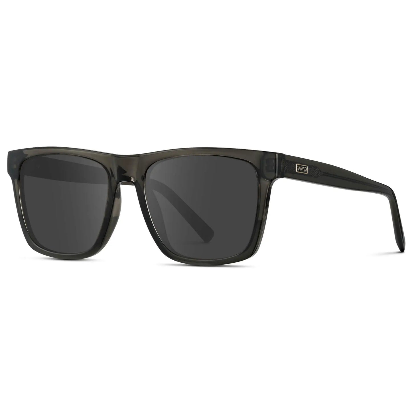 Crystal Carbon Grey / Grey || Side view of Men's Modern Square Prescription Sunglasses with Crystal Carbon Grey and Grey Lenses on a white background