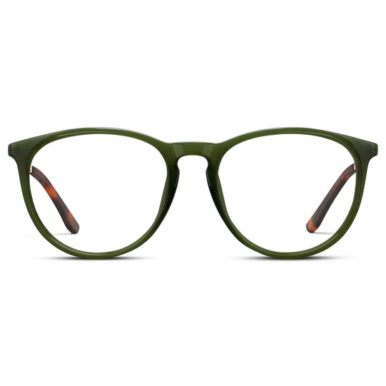 Olive Green || Women's Round Eyeglasses with Olive Green Acetate Frame, Gold Stainless Steel Temples and Clear Prescription Lens