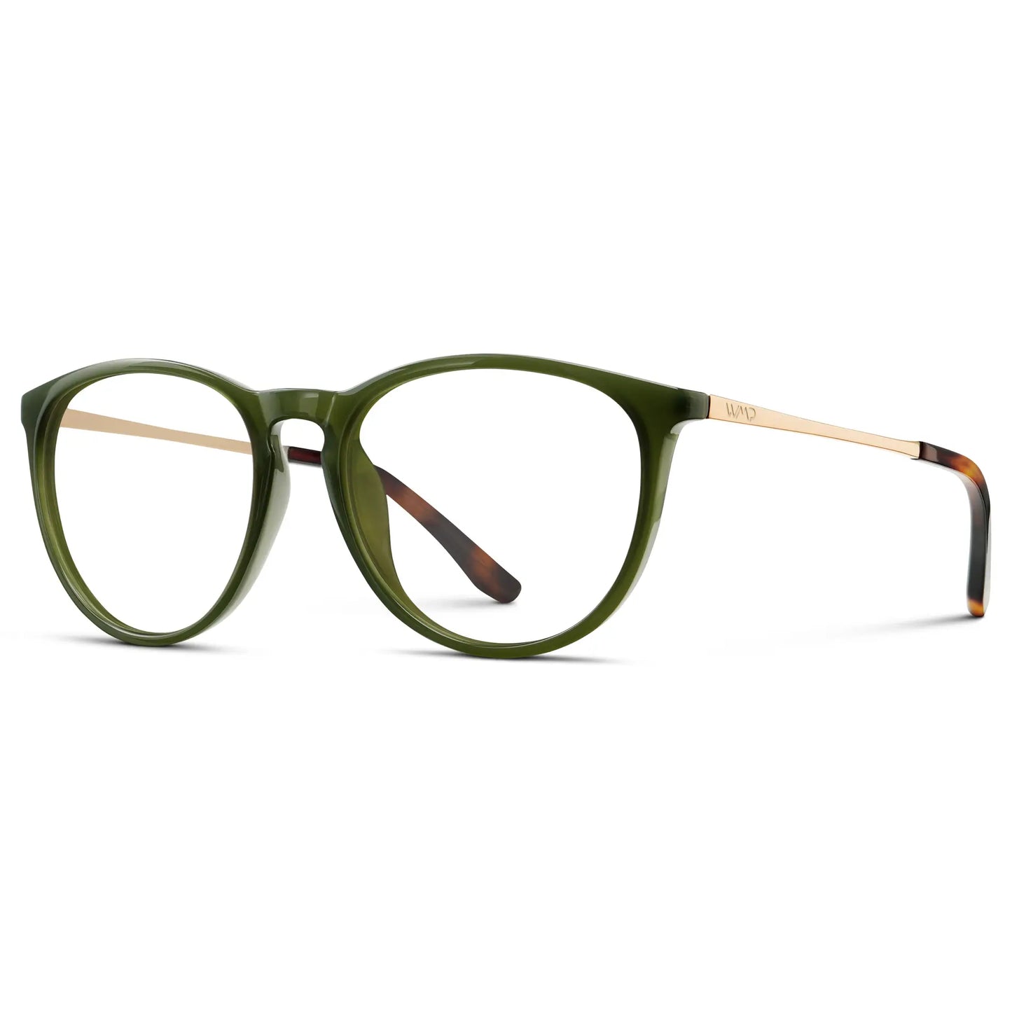 Olive Green || Women's Round Eyeglasses with Olive Green Acetate Frame, Gold Stainless Steel Temples and Clear Prescription Lens