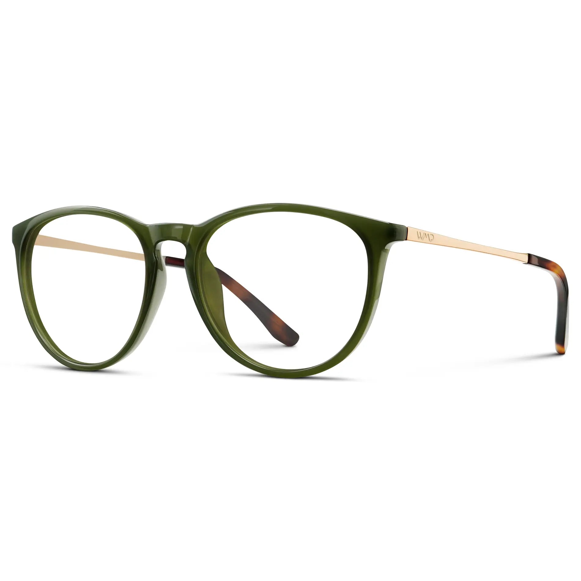 Olive Green || Women's Round Eyeglasses with Olive Green Acetate Frame, Gold Stainless Steel Temples and Clear Prescription Lens