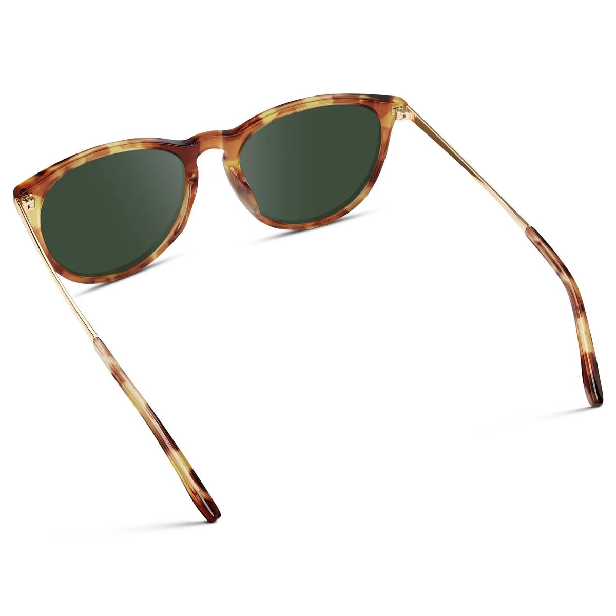 Maple Tortoise / G15 || Women's Round Prescription Sunglasses with Maple Tortoise Acetate Frame, Gold Stainless Steel Temples and Green Prescription Lens