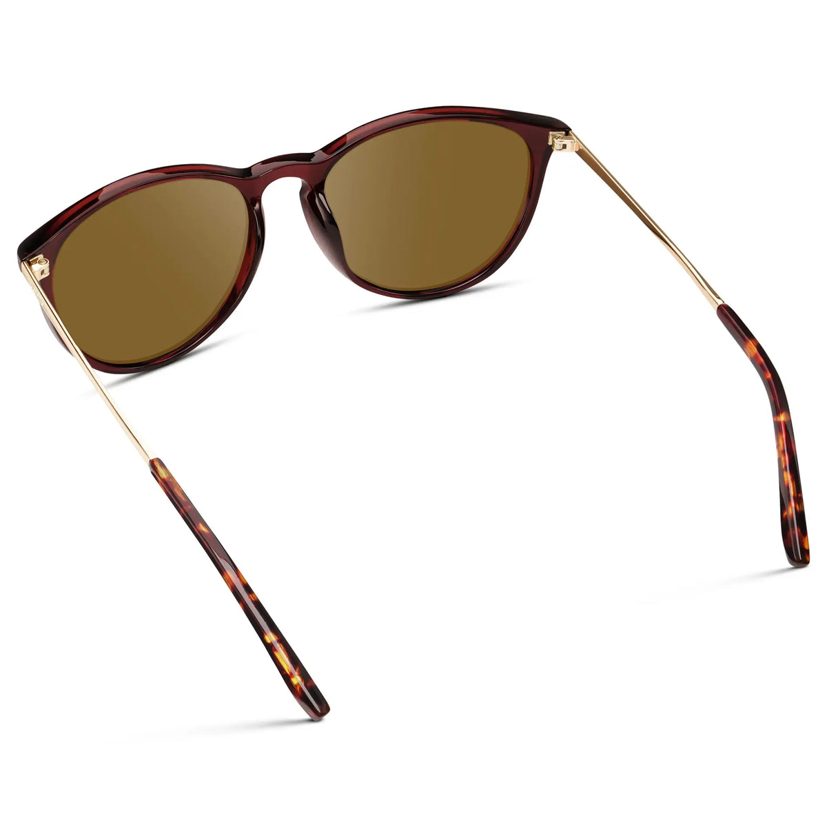 Crystal Cherry Red / Amber || Women's Round Prescription Sunglasses with Crystal Cherry Red Acetate Frame, Gold Stainless Steel Temples and Amber Prescription Lens