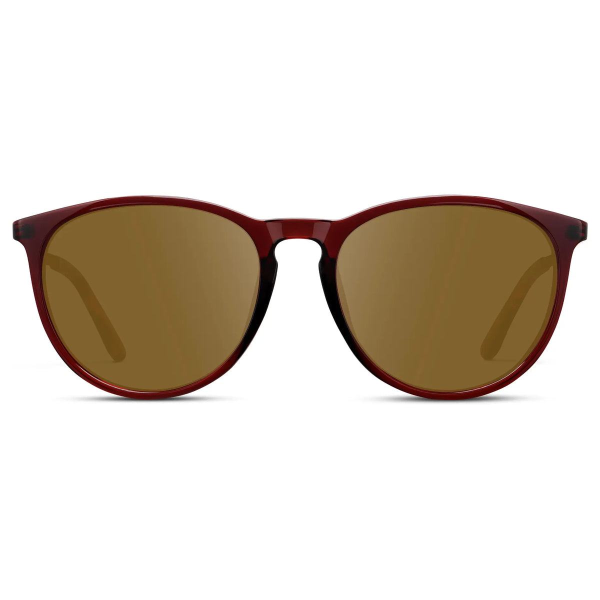 Crystal Cherry Red / Amber || Women's Round Prescription Sunglasses with Crystal Cherry Red Acetate Frame, Gold Stainless Steel Temples and Amber Prescription Lens