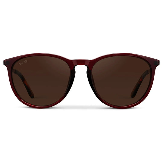 Crystal Cherry Red / Dark Brown Lens || Classic Round Frame Sunglasses with Crystal Cherry Red Frame and Dark Brown Polarized Lens