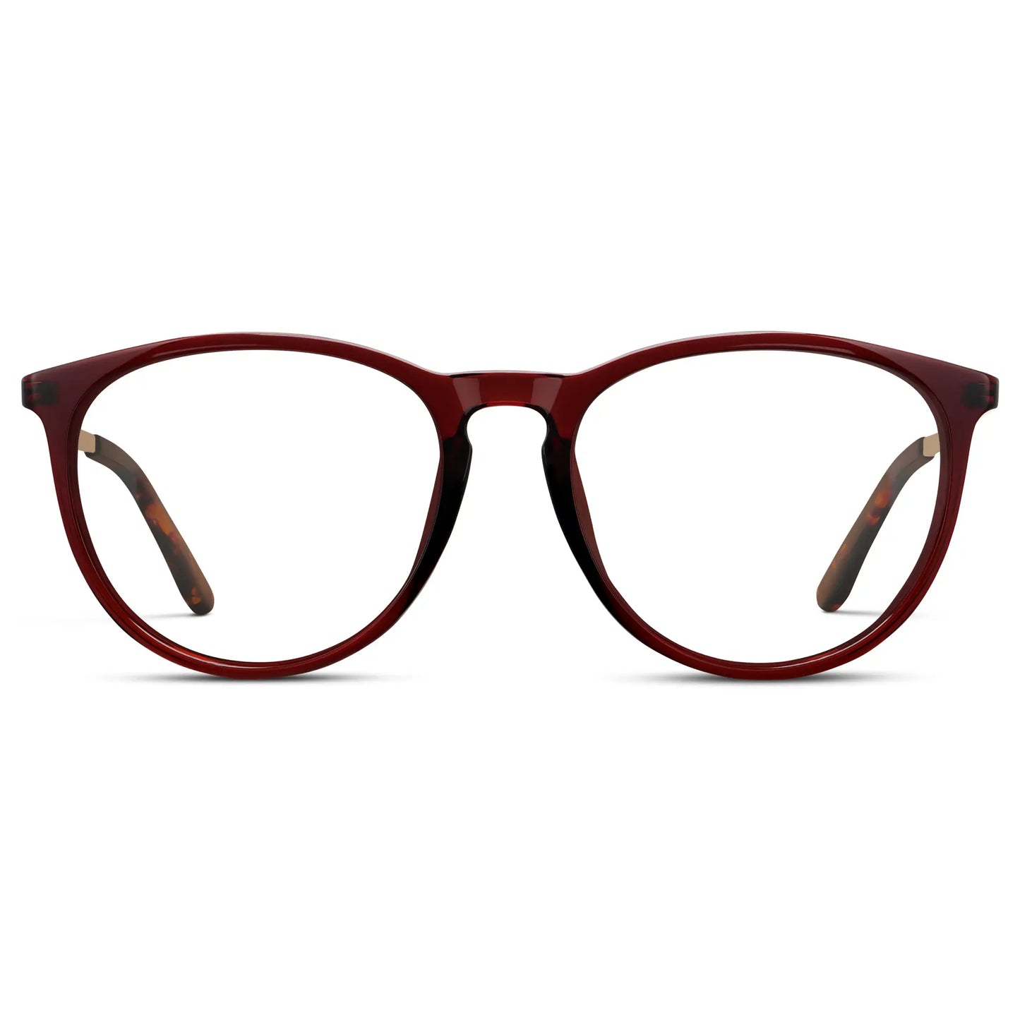 Crystal Cherry Red || Women's Round Eyeglasses with Crystal Cherry Red Acetate Frame, Gold Stainless Steel Temples and Clear Prescription Lens