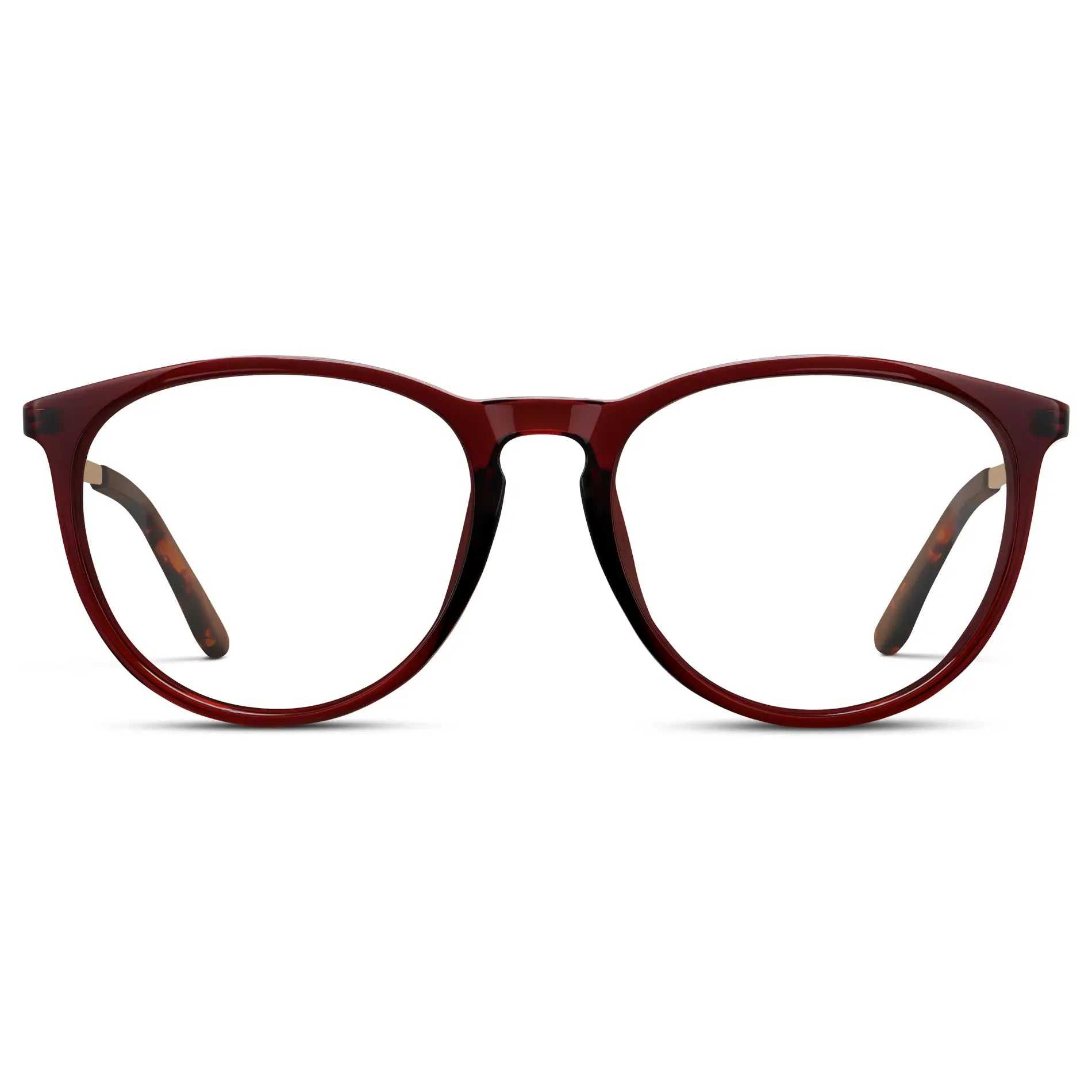 Crystal Cherry Red || Women's Round Eyeglasses with Crystal Cherry Red Acetate Frame, Gold Stainless Steel Temples and Clear Prescription Lens