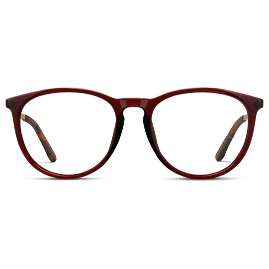 Crystal Cherry Red || Women's Round Eyeglasses with Crystal Cherry Red Acetate Frame, Gold Stainless Steel Temples and Clear Prescription Lens
