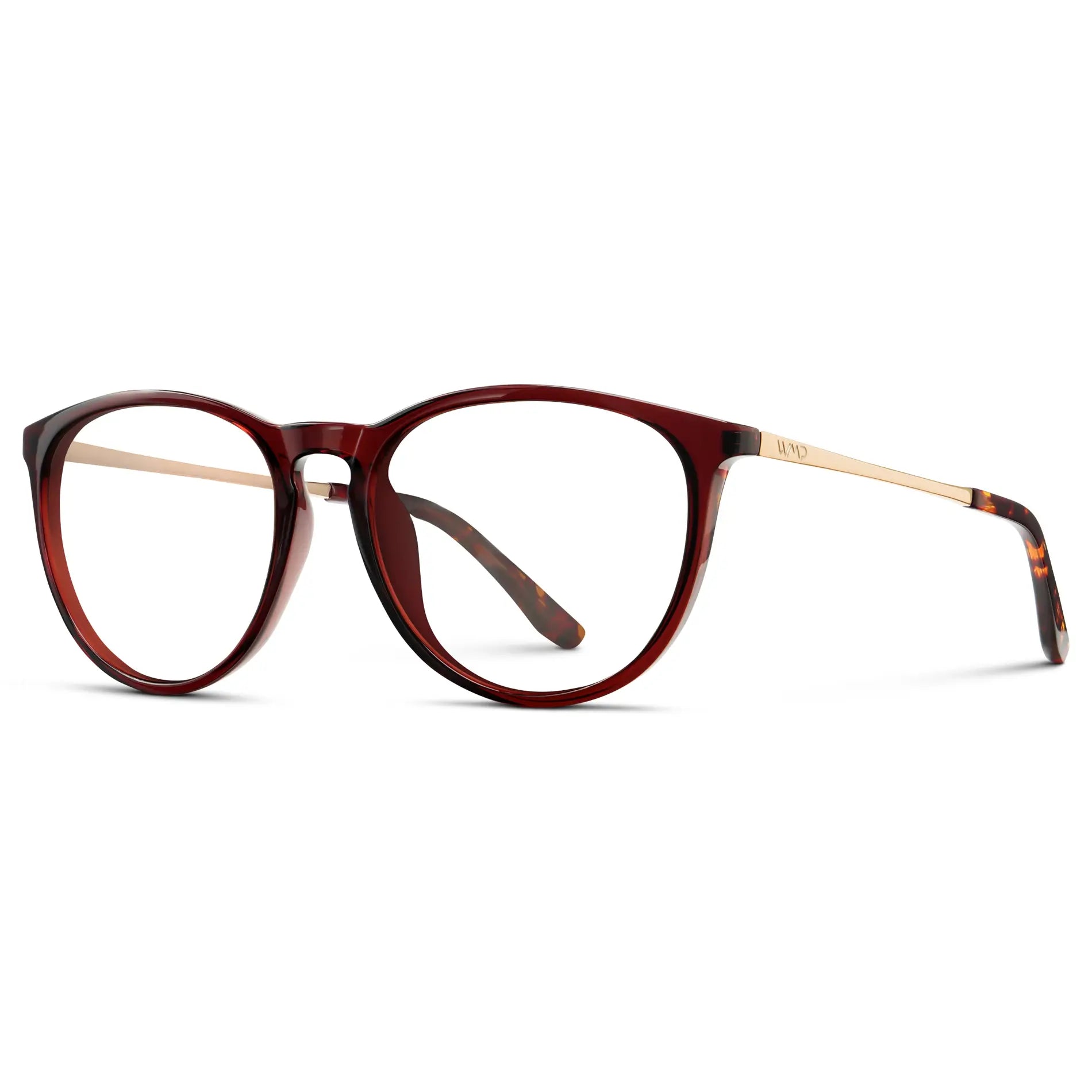 Crystal Cherry Red || Women's Round Eyeglasses with Crystal Cherry Red Acetate Frame, Gold Stainless Steel Temples and Clear Prescription Lens
