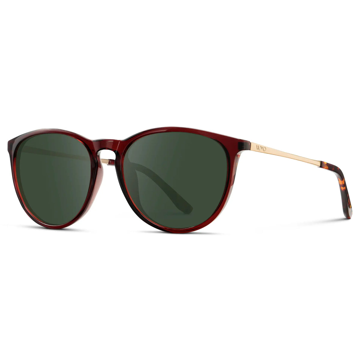 Crystal Cherry Red / G15 || Women's Round Prescription Sunglasses with Crystal Cherry Red Acetate Frame, Gold Stainless Steel Temples and Green Prescription Lens