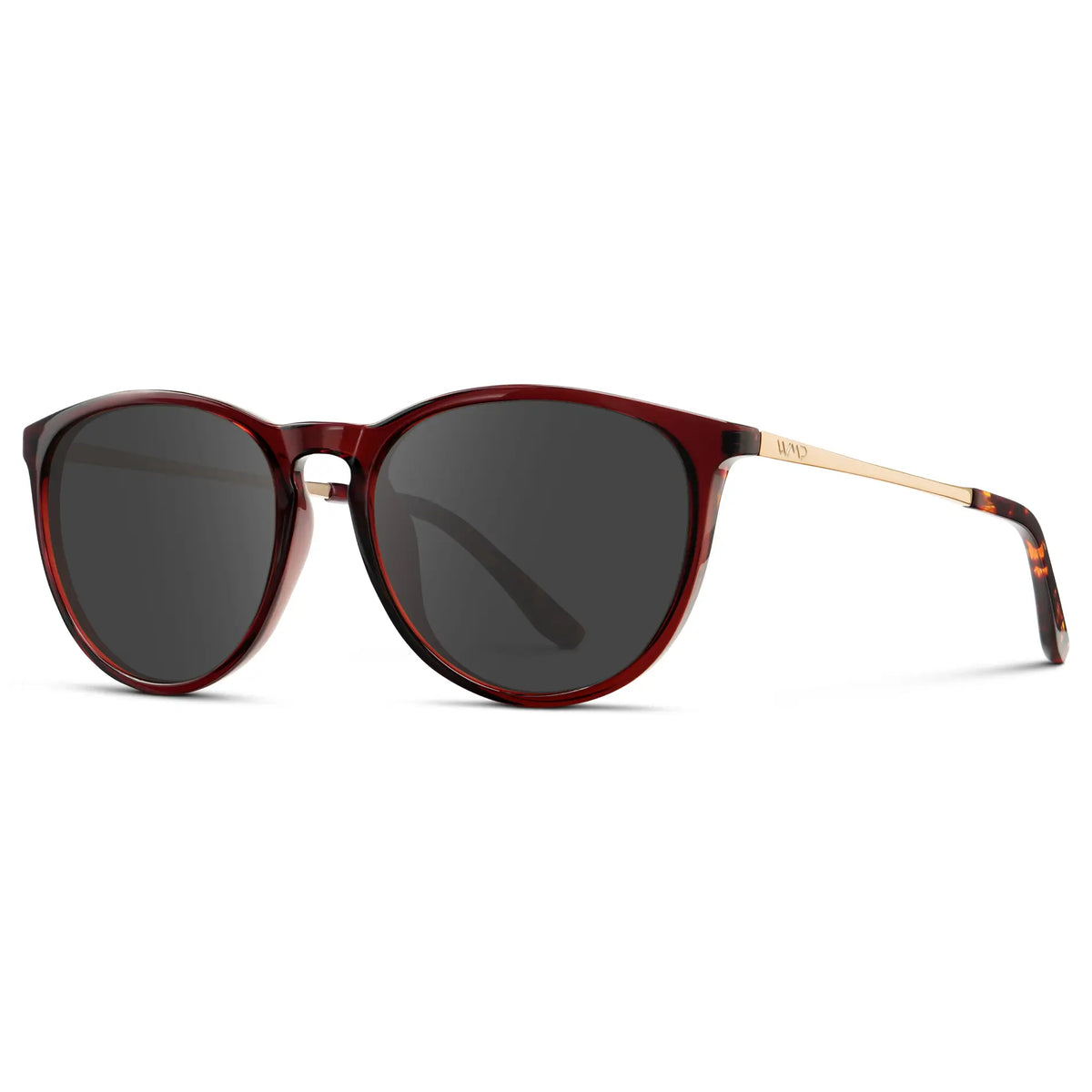 Crystal Cherry Red / Grey || Women's Round Prescription Sunglasses with Crystal Cherry Red Acetate Frame, Gold Stainless Steel Temples and Grey Prescription Lens