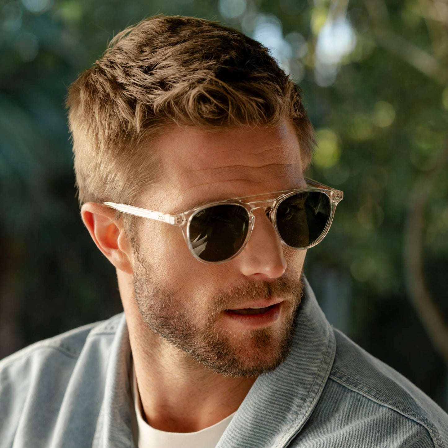 Clear / Smoke Green Lens || Clear Round Frame Sunglasses with Green Polarized Lenses