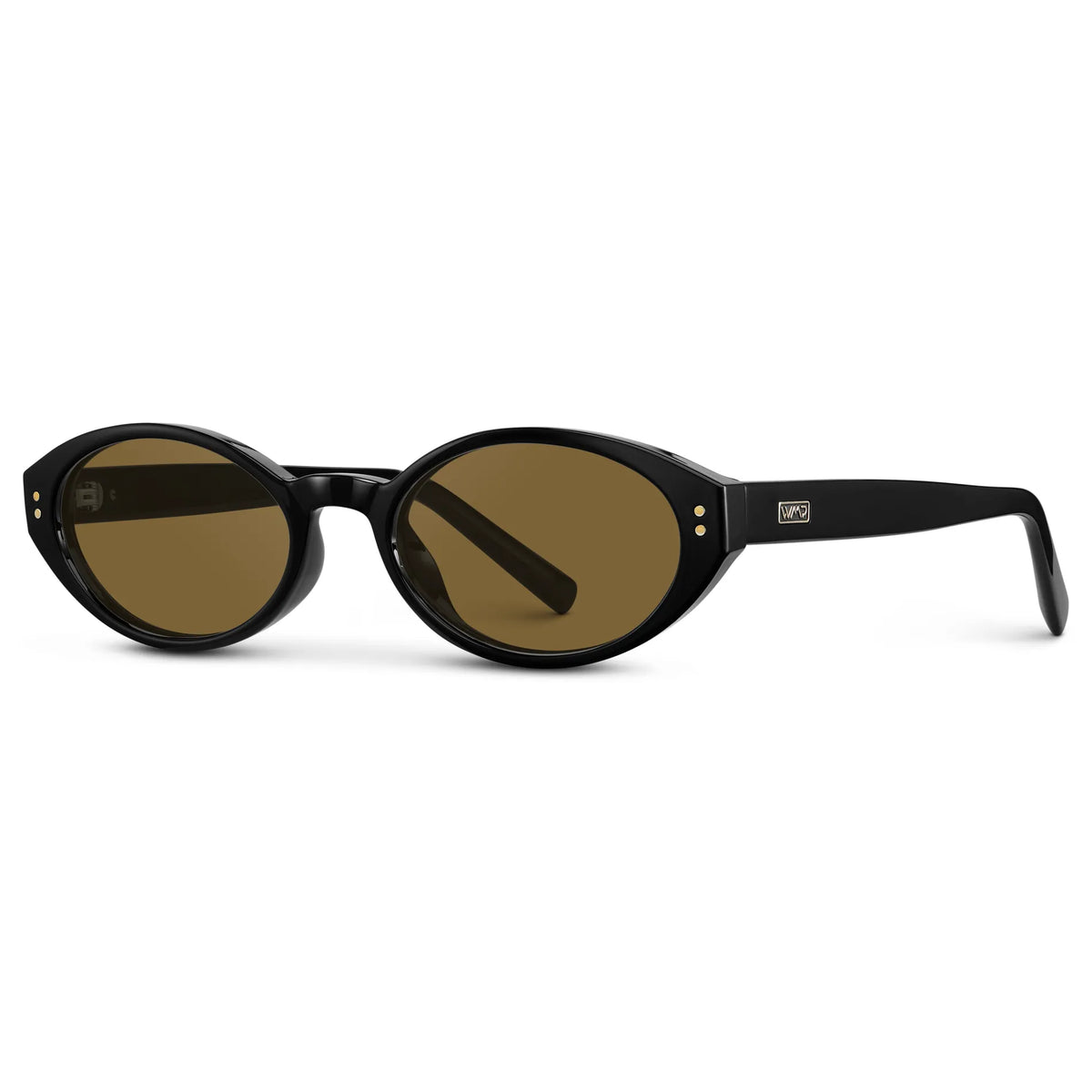 Black / Amber || Side view of Women's Elongated Oval Prescription Sunglasses with Black Frame and Brown Lens on a white background