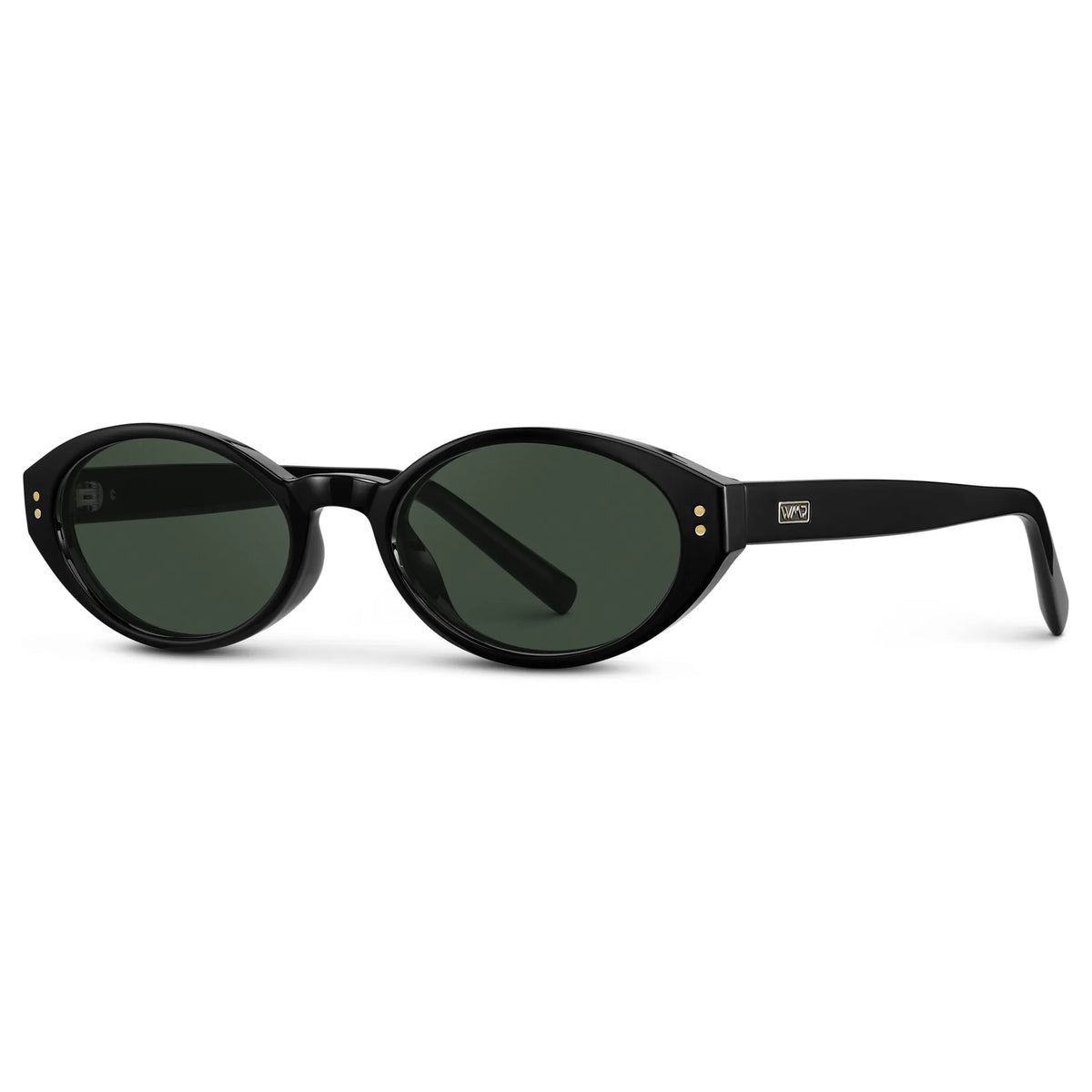 Black / G15 || Side view of Women's Elongated Oval Prescription Sunglasses with Black Frame and Green Lens on a white background