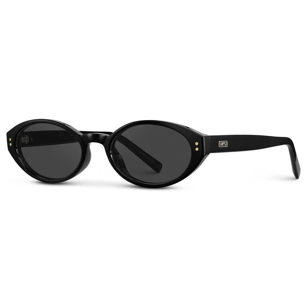 Black / Grey || Side view of Women's Elongated Oval Prescription Sunglasses with Black Frame and Grey Lens on a white background