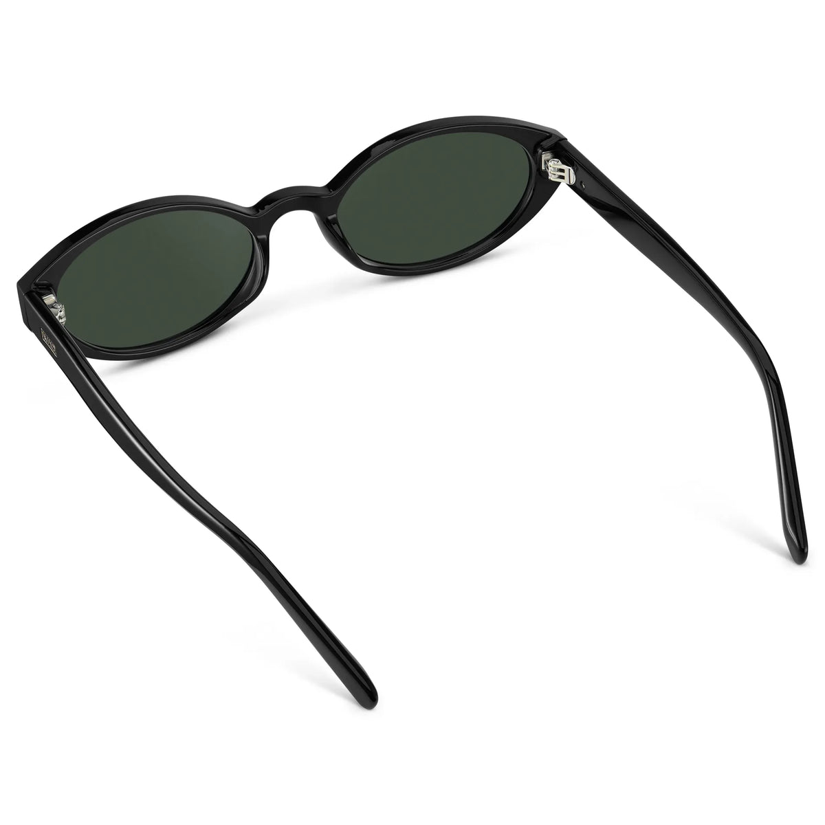 Black / G15 || Back view of Women's Elongated Oval Prescription Sunglasses with Black Frame and Green Lens on a white background