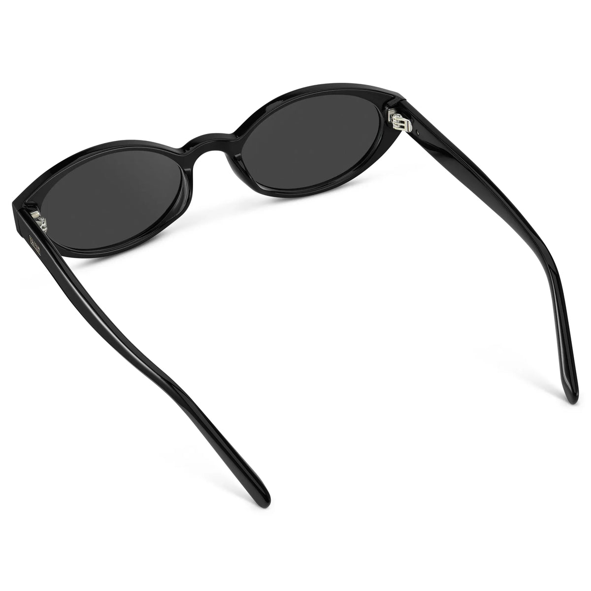 Black / Grey || Back view of Women's Elongated Oval Prescription Sunglasses with Black Frame and Grey Lens on a white background