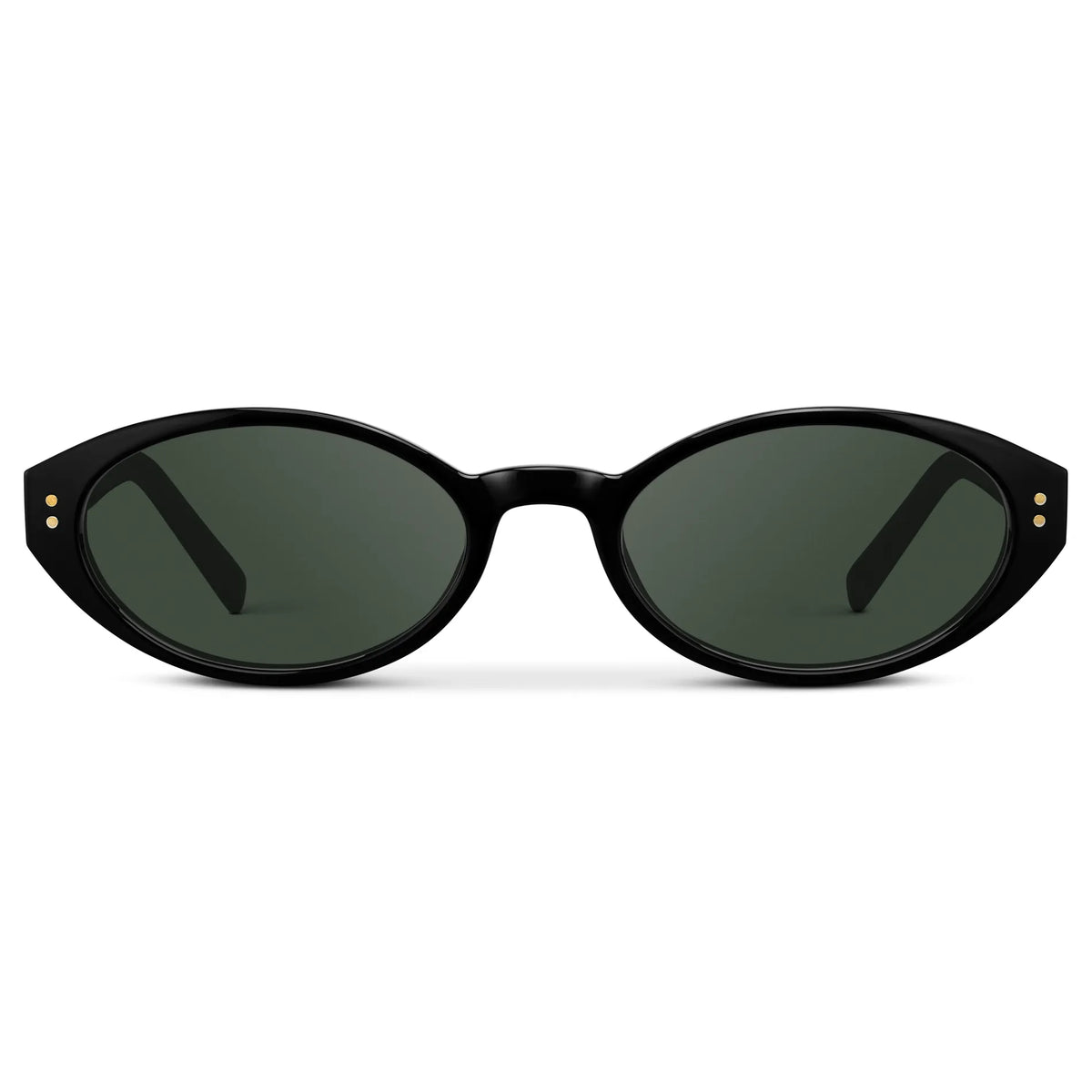 Black / G15 || Women's Elongated Oval Prescription Sunglasses with Black Frame and Green Lens on a white background