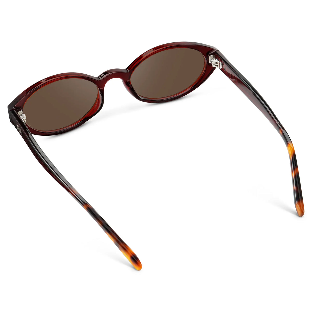 Red Garnet / Brown Lens || Back view of Women's Elongated Oval Sunglasses with Red Garnet Frame and Brown Lens on a white background