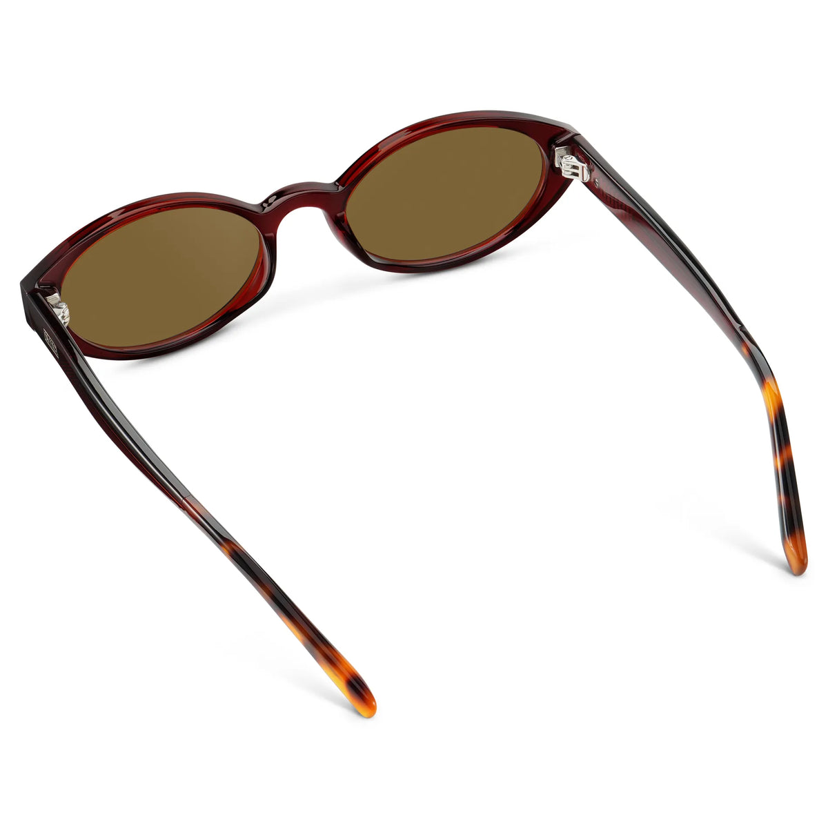 Red Garnet / Amber || Back view of Women's Elongated Oval Prescription Sunglasses with Red Garnet Frame and Brown Lens on a white background
